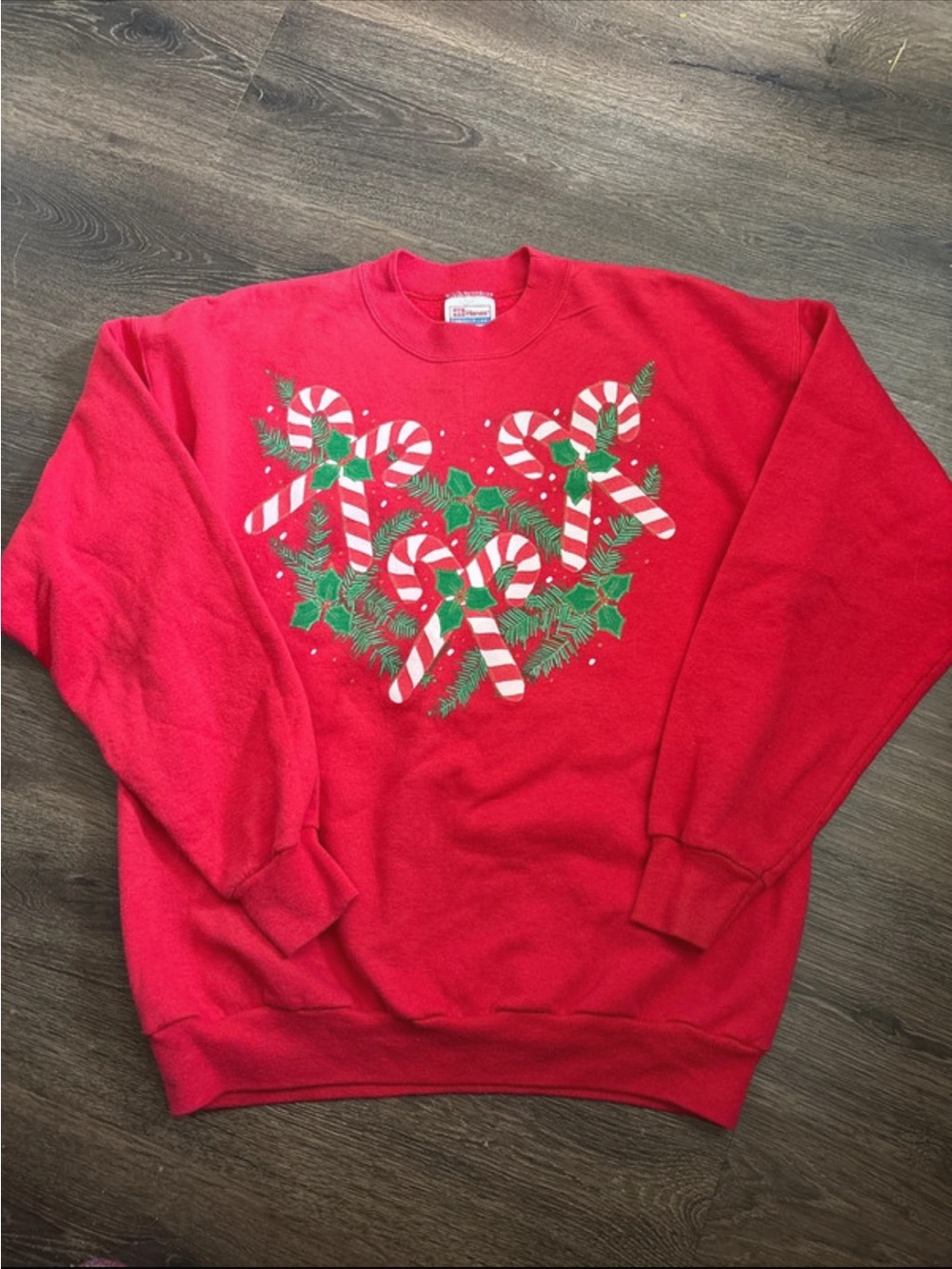 VTG Hanes Red Candy Cane Crewneck Sweatshirt with Green Holly Graphic